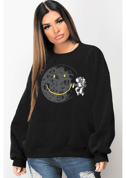 Grafitici Astronot Siyah Oversize Bisiklet Yaka Kalın Kadın Sweatshirt