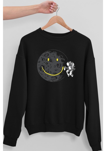 Grafitici Astronot Siyah Oversize Bisiklet Yaka Kalın Kadın Sweatshirt