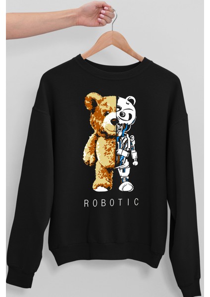 Robot Ayı Siyah Oversize Bisiklet Yaka Kalın Kadın Sweatshirt