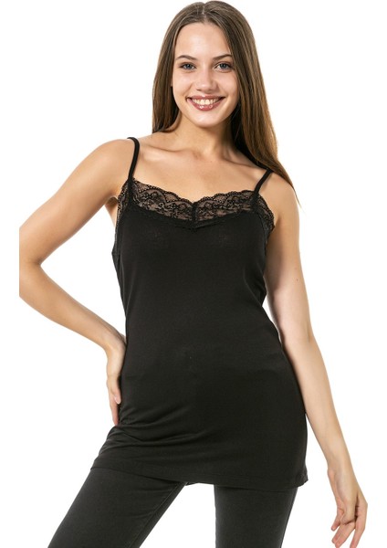 Yakası Dantelli Askıları Ayarlanabilir Siyah Kadın Body