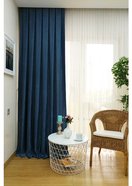 Indigo Düz Renk Pileli Soft Fon Perde, 1/2,5 Normal Pile, Tek Kanat 50 x 270 cm