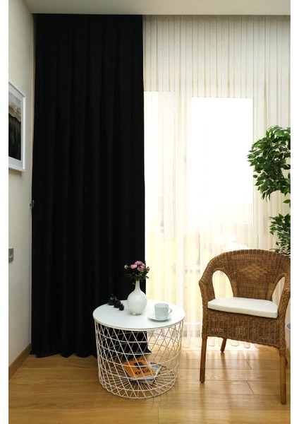 Siyah Düz Renk Pileli Soft Fon Perde, 1/2 Seyrek Pile, Tek Kanat 100 x 260 cm