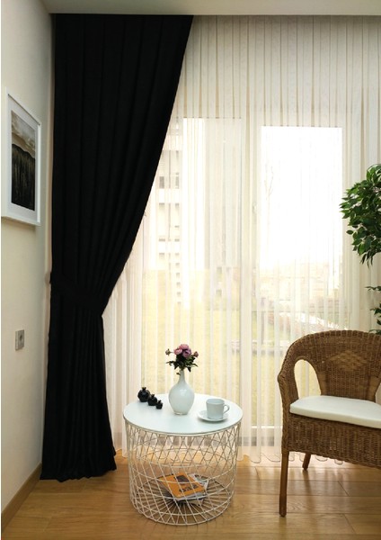 Siyah Düz Renk Pileli Soft Fon Perde, 1/2 Seyrek Pile, Tek Kanat 100 x 260 cm