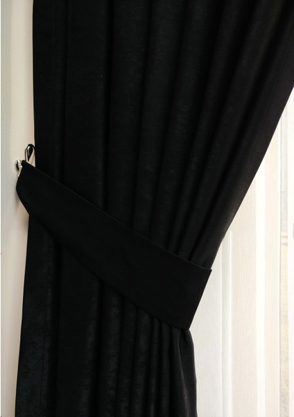 Siyah Düz Renk Pileli Soft Fon Perde, 1/2 Seyrek Pile, Tek Kanat 100 x 260 cm