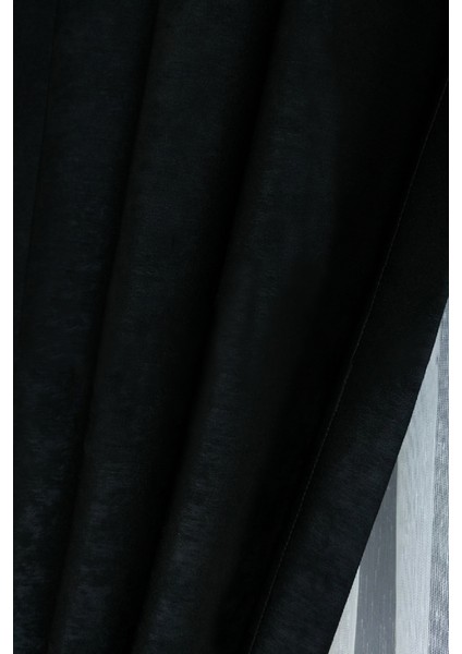 Siyah Düz Renk Pileli Soft Fon Perde, 1/2 Seyrek Pile, Tek Kanat 100 x 260 cm