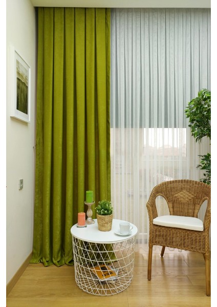 Fıstık Yeşil Düz Renk Pileli Soft Fon Perde, 1/2,5 Normal Pile, Tek Kanat 50 x 240 cm