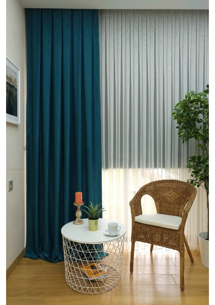Koyu Petrol Düz Renk Pileli Soft Fon Perde, 1/2 Seyrek Pile, Tek Kanat 50 x 270 cm