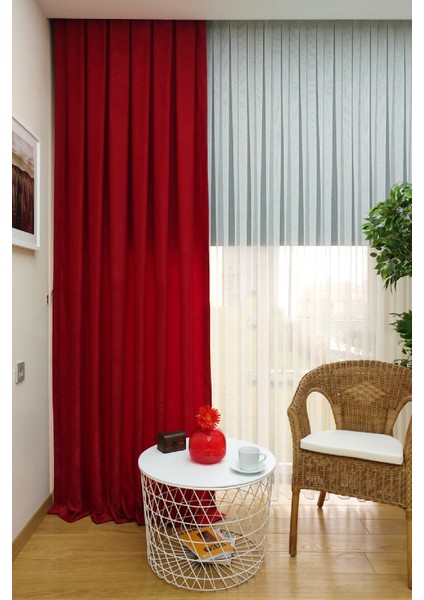Kırmızı Düz Renk Pileli Soft Fon Perde, 1/2 Seyrek Pile, Tek Kanat 50 x 260 cm