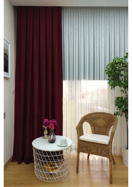 Bordo Düz Renk Pileli Soft Fon Perde, 1/2 Seyrek Pile, Tek Kanat 50 x 250 cm