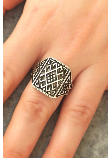 Antik Gümüş Kaplama Motif Şekilli El Yapımı Ayarlanabilir Yüzük