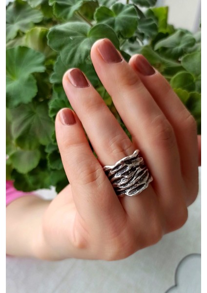 Antik Gümüş Kaplama Özel Şekilli El Yapımı Ayarlanabilir Yüzük