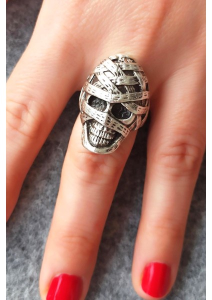 Antik Gümüş Kaplama Kurukafa Mumya Şekilli Ayarlanabilir Yüzük