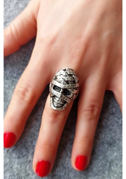 Antik Gümüş Kaplama Kurukafa Mumya Şekilli Ayarlanabilir Yüzük fiyatları