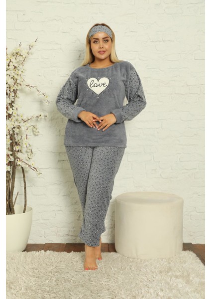 Kadın Uzun Kollu Cepli Polar Büyük Beden Pijama Takımı