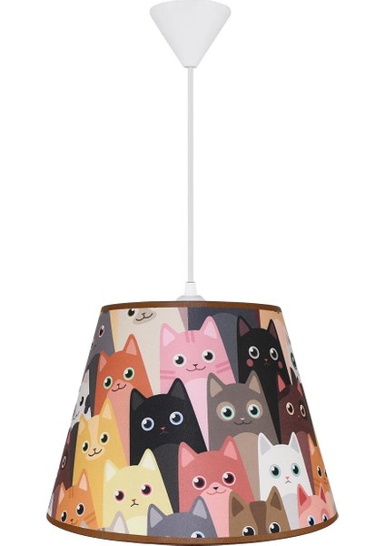 Çocuk Odası Konik Kumaş Avize Sarkıt-Kahverengi Sevimli Kediler