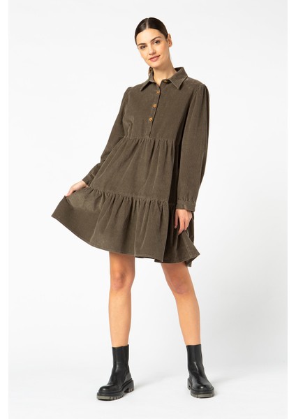 Vıgoss Kadın Gömlek Yaka Volanlı Kadife Elbise 16453-70086