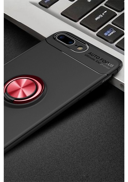 iPhone 7 Plus Kılıf Manyetik Kamera Korumalı Yüzüklü Standlı Yumuşak Silikon Ravel Siyah-Kırmızı