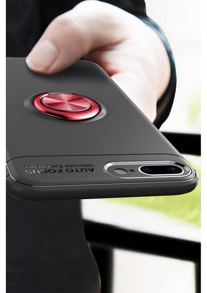 iPhone 7 Plus Kılıf Manyetik Kamera Korumalı Yüzüklü Standlı Yumuşak Silikon Ravel Siyah-Kırmızı