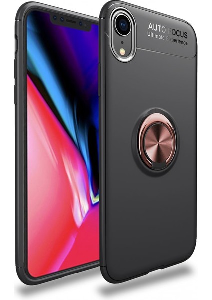 iPhone Xr Kılıf Manyetik Kamera Korumalı Yüzüklü Standlı Yumuşak Silikon Ravel Siyah-Gold