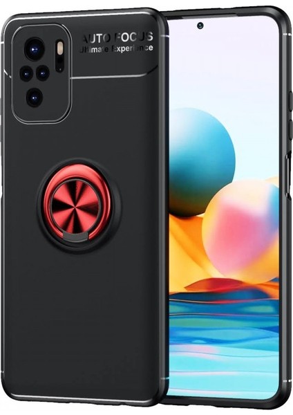 Xiaomi Redmi Note 10 Kılıf Manyetik Kamera Korumalı Yüzüklü Standlı Yumuşak Silikon Ravel Siyah-Kırmızı