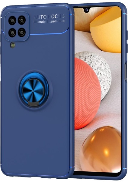 Samsung Galaxy M12 Kılıf Manyetik Kamera Korumalı Yüzüklü Standlı Yumuşak Silikon Ravel Mavi