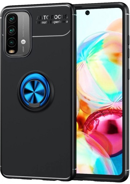 Xiaomi Redmi 9t Kılıf Manyetik Kamera Korumalı Yüzüklü Standlı Yumuşak Silikon Ravel Siyah-Mavi