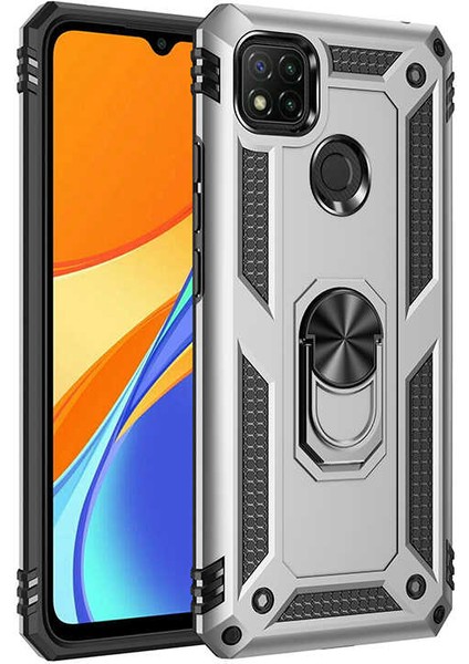 Xiaomi Redmi 9c Kılıf Yüzüklü Standlı Panzer Tank Çift Katmanlı Vega Gri