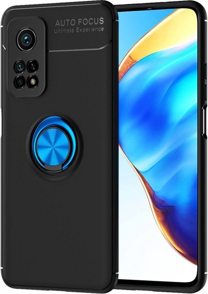 Xiaomi Mi 10T Kılıf Manyetik Kamera Korumalı Yüzüklü Standlı Yumuşak Silikon Ravel Siyah-Mavi