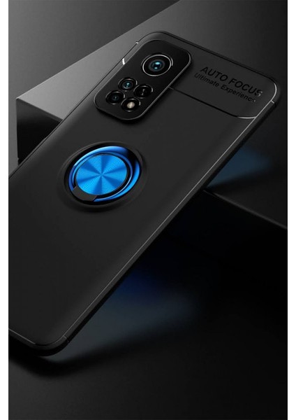 Xiaomi Mi 10T Kılıf Manyetik Kamera Korumalı Yüzüklü Standlı Yumuşak Silikon Ravel Siyah-Mavi
