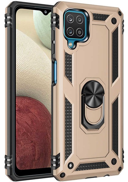 Samsung Galaxy A12 Kılıf Yüzüklü Standlı Panzer Tank Çift Katmanlı Vega Gold