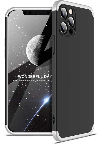 iPhone 12 Pro Max Kılıf Kamera Korumalı 3 Parça Ays Sert Plastik Siyah-Gri