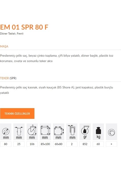 EM01 Spr 80F Döner Tablalı Frenli Teker 80 mm 60 kg fiyatları