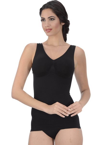 Kadın Siyah Kalın Askılı Atlet Korse Toparlayıcı Seamless Örme Dikişsiz Ipeksi 1 Beden Ince Görünüm
