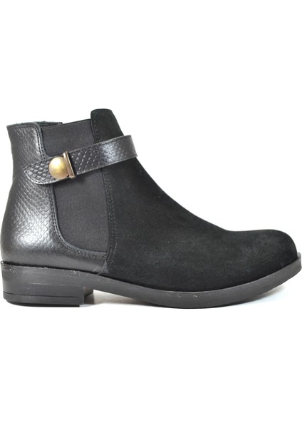 1711 Deri Nubuk Siyah Fermuarlı Klasik Kadın Bot