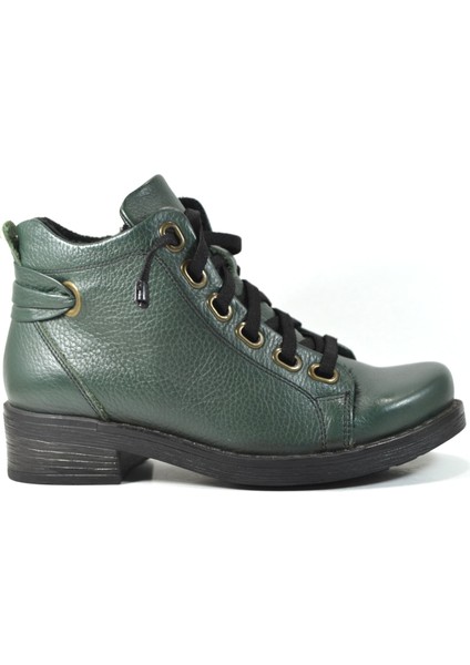 232 Hakiki Deri Yeşil Lastik Bağ Fermuarlı Düz Kadın Bot