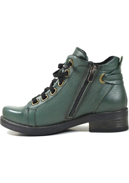 232 Hakiki Deri Yeşil Lastik Bağ Fermuarlı Düz Kadın Bot fiyatları