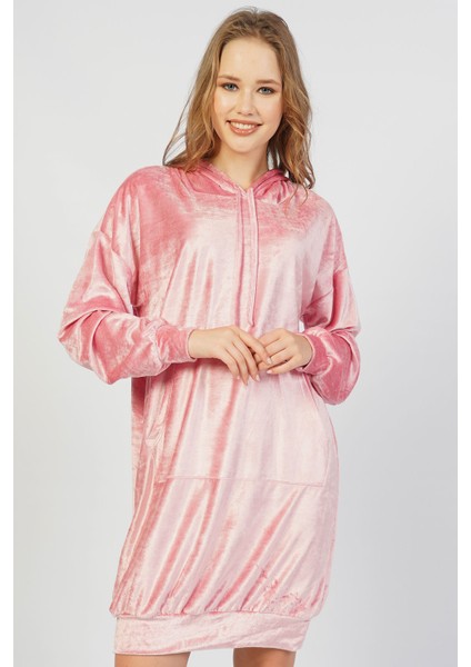 Vıscon Kadife Kapsonlu Düşük Omuzlu Uzun Kol Kanguru Gecelik