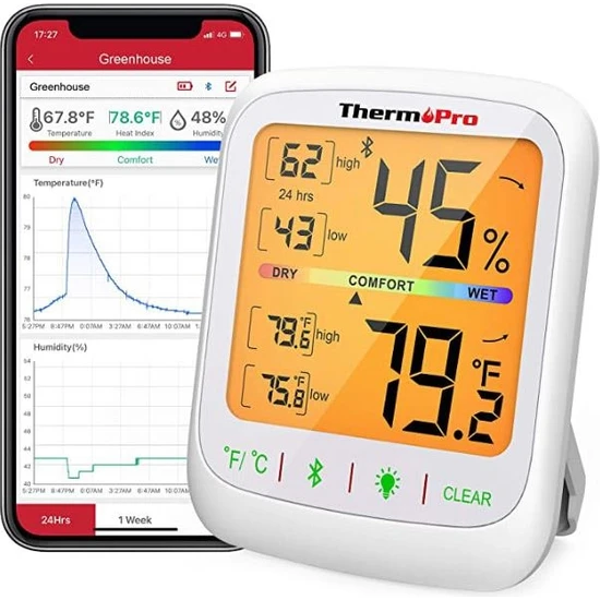Thermo Pro   TP359 Bluetooth Limit Aşım Uyarılı Iç Mekan Dijital Isı ve Nem Ölçer Termometre