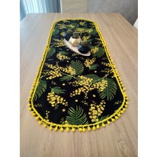 Ayşemce Mimoza Çiçek Desenli, Sarı Ponponlu Runner