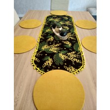Ayşemce  Ayşemce Mimoza Çiçek Desenli, Sarı Ponponlu Runner & 6 Sarı Renk Supla