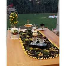 Ayşemce  Ayşemce Mimoza Çiçek Desenli, Sarı Ponponlu Runner & 6 Sarı Renk Supla