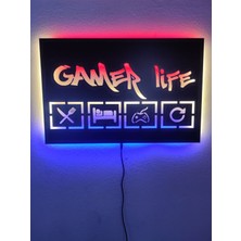 Dekoraven Gamer Life LED Işıklı Ahşap Dekoratif Duvar Tablosu