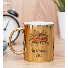 Hediye Dükkanı Kişiye Özel Çiçek Buketi İsimli Gold Kupa Bardak