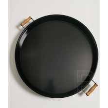 Kitchen Trend 2 Li 51 cm ve 37 cm Ahşap Kulplu Metal Yuvarlak Siyah Tepsi Sunum Tepsi, Kahvaltı Tepsisi