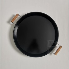 Kitchen Trend 2 Li 51 cm ve 37 cm Ahşap Kulplu Metal Yuvarlak Siyah Tepsi Sunum Tepsi, Kahvaltı Tepsisi