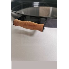 Kitchen Trend 2 Li 51 cm ve 37 cm Ahşap Kulplu Metal Yuvarlak Siyah Tepsi Sunum Tepsi, Kahvaltı Tepsisi