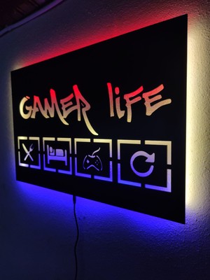 Dekoraven Gamer Life LED Işıklı Ahşap Dekoratif Duvar Tablosu