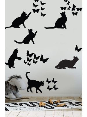 Echo Home Kedi ve Kelebekler Sticker Set Siyah Etiket Duvar Sticker