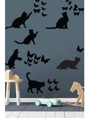 Echo Home Kedi ve Kelebekler Sticker Set Siyah Etiket Duvar Sticker