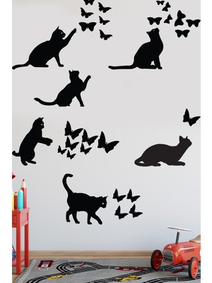 Echo Home Kedi ve Kelebekler Sticker Set Siyah Etiket Duvar Sticker